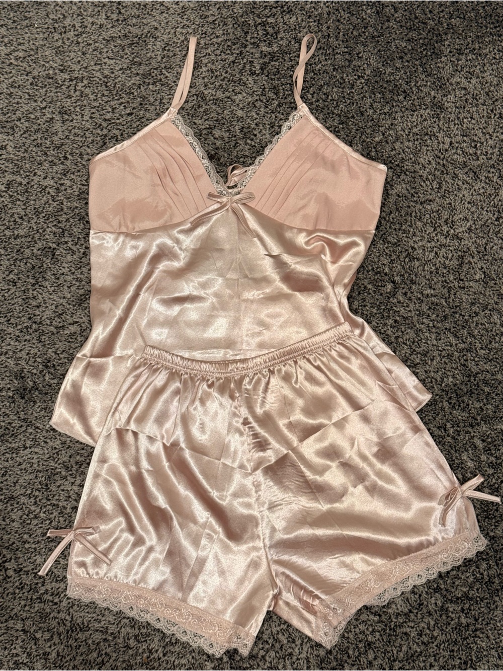 Women's Satin Lace Trim Cami & Shorts Sleep Set - Blush Pink Size S